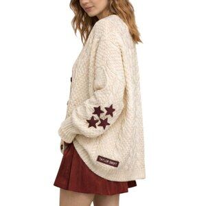 Taylor Swift Cable Knit Cardigan Red Era Star Elbow Patch Cozy Sweater